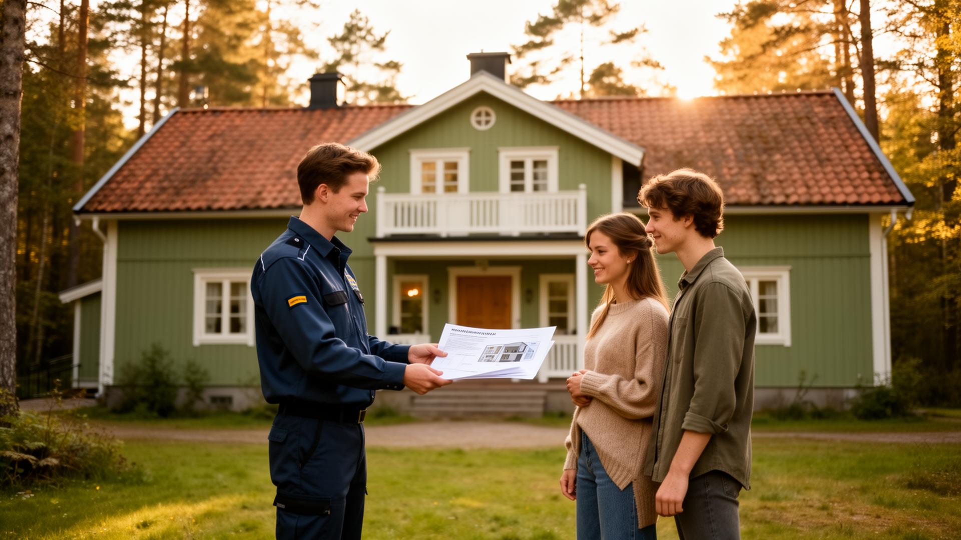 Besiktningsman lämnar över besiktningsprotokoll till ett par framför en svensk villa